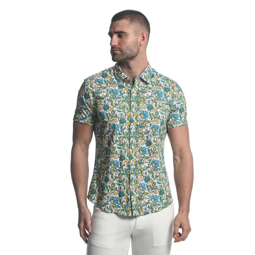 STEELE Forest Vines Stretch Jersy Knit Short Sleeve Button Down SR 9280 Small